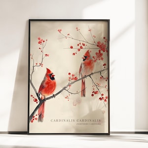 北方カーディナルの壁掛けアート、赤い鳥のペアのプリント、鳥好きへのギフト