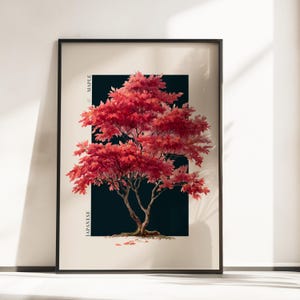 May include: A framed wall art print featuring a vibrant red Japanese maple tree centered against a solid black rectangular background. The text "JAPANESE" and "MAPLE" is printed vertically in black along the left side of the black rectangle.