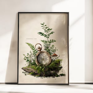 May include: Framed art print depicting a vintage pocket watch amidst foliage and a mushroom. The words "BORROWED TIME" are printed above the watch. The artwork has a vintage, botanical theme.