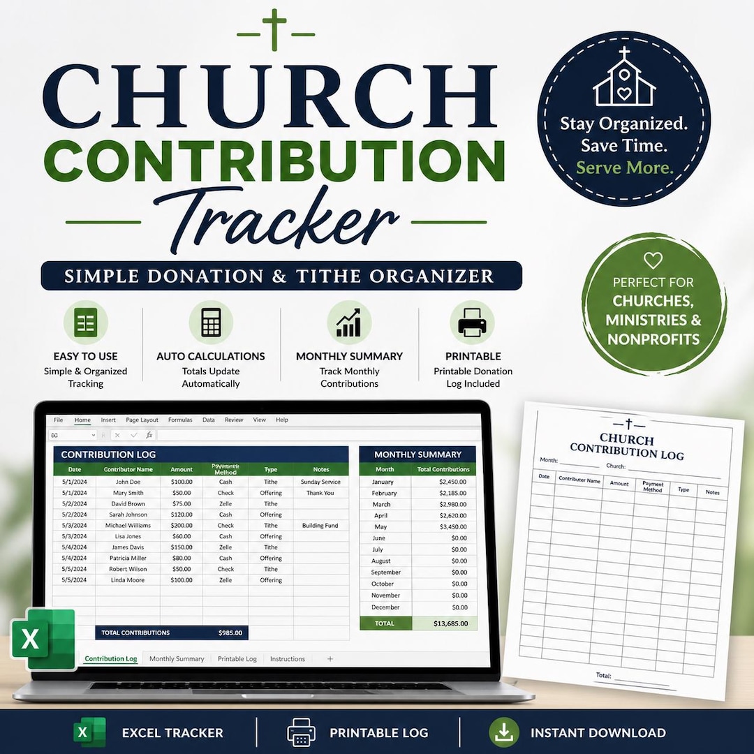 Church Contribution Tracker Excel | Tithe & Donation Spreadsheet ...