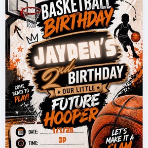 May include: Basketball-themed birthday invitation with orange and black accents. The invitation includes text that reads "Basketball Birthday," "Jayden's 2nd Birthday," and "Future Hooper." A basketball and a basketball player silhouette are also featured.