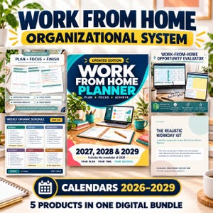 Op de afbeelding: Een digitaal pakket met een organisatiesysteem voor thuiswerken, inclusief een planner voor 2026-2029, een wekelijks schema, een evaluator voor thuiswerkmogelijkheden en een werkdagkit met diverse werkbladen.