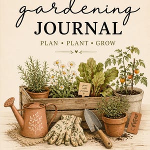 May include: A gardening journal cover featuring the text gardening JOURNAL PLAN • PLANT • GROW. The illustration shows a wooden crate with herbs and flowers, a watering can, patterned gloves, a trowel, and potted plants on a light surface.