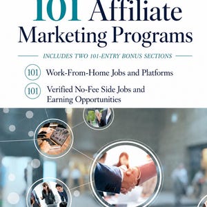以下が含まれることがあります： 101 Affiliate Marketing Programs Revised 2026 Editionというタイトルの書籍の表紙。Work-From-Home Jobs and PlatformsとVerified No-Fee Side Jobs and Earning Opportunitiesという101項目からなる2つのボーナスセクションが含まれており、円形の写真インセットが配置されています。