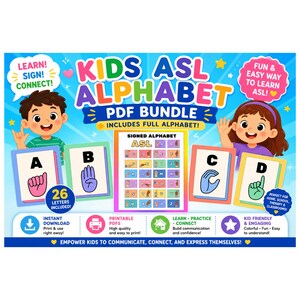 Kids ASL Alphabet Flash Cards Bundle, Sign Language Learning (PDF Download)