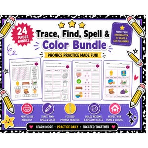 May include: A 24-page educational bundle titled Trace, Find, Spell & Color Bundle featuring phonics practice worksheets. The design includes yellow pencil illustrations, purple accents, and star graphics on a black and white patterned border.