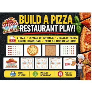 以下が含まれることがあります： BUILD A PIZZA RESTAURANT PLAYというタイトルのデジタルダウンロードセット。ピザ屋ごっこ遊び用の印刷可能なページが含まれています。ピザの土台、トッピングシート、メニューがセットになっており、漫画風のシェフ、ピザのスライス、印刷用アイコンが描かれています。
