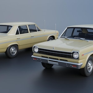 May include: Two vintage, light tan sedans are displayed. The cars have four doors, chrome bumpers, and silver wheels. The vehicles are parked on a gray surface. The cars have antennas and black window frames.