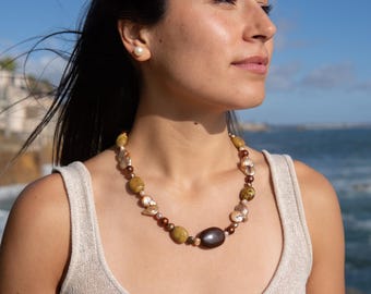 Chunky Pearl and Porcelain Beaded Necklace - Handmade Jewelry