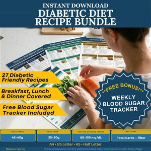 Peut inclure: Un ensemble de recettes pour régime diabétique intitulé Diabetic Diet Recipe Bundle comprenant 27 recettes pour le petit-déjeuner, le déjeuner et le dîner. Inclut un suivi hebdomadaire de la glycémie, des objectifs quotidiens en glucides et fibres, et des plages de glucose en mg/dL. Formats A4, US Letter, A5 et Half Letter.
