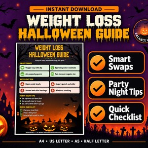 Puede incluir: Una guía digital Weight Loss Halloween Guide que presenta un cuadro informativo central con secciones para intercambios inteligentes, consejos para fiestas y una lista de verificación. Diseño con texto naranja, calabaza y murciélagos.