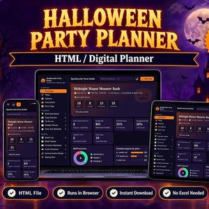 Planificateur de fête d'Halloween, planificateur numérique HTML interactif pour les hôtes, liste d'invités, confirmation de présence, suivi du budget, organisateur de fête d'Halloween