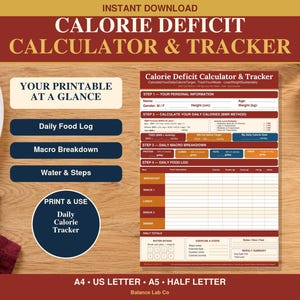 May include: A printable calorie deficit calculator and tracker document featuring sections for personal information, BMR calculations, daily macro breakdowns, and a food log. The layout includes fields for water intake, exercise, and steps in a maroon and tan color scheme.