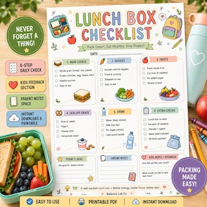 May include: A printable lunch box checklist featuring six categories including main course, veggies, fruits, healthy snack, drink, and extra checks. The document includes sections for parent notes, kids feedback, and a daily goal, decorated with colorful food illustrations.