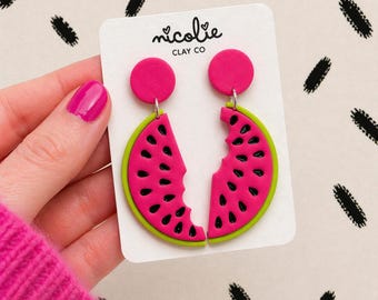 Pendientes de rodaja de sandía / Joyería de verano de arcilla polimérica rosa neón