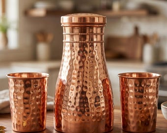 Hammered Copper Water Bottle Set with 2 Glasses | Pure Copper Jug Pitcher & Tumblers | Ayurvedic Copper Water Set | Indian Kitchen Decor