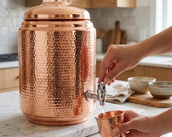 100% Pure Hammered Copper Water Dispenser Set Ayurvedic Handcrafted Copper Jug Pitcher with Tap Wellness Drinkware for Healthy Drink Water