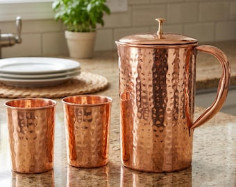 Pure Copper Water Pitcher Set with Tumbler Handmade Hammered Copper Jug Ayurvedic Water Pot Rustic Copper Drinkware Copper Carafe Gift