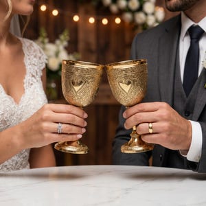 Pode incluir: Dois cálices de metal dourado ornamentados com padrões intrincados em relevo e um design central em forma de coração na taça. Os cálices apresentam uma borda alargada, uma haste decorativa e uma base circular larga para um brinde.