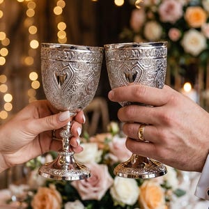 May include: Two ornate silver-toned metal goblets with intricate embossed floral and heart-shaped patterns on the bowls and stems. The goblets feature a polished metallic finish and a flared rim, held up in a toast against a blurred background.
