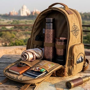 May include: A tan canvas backpack with a compass rose design and a mountain patch. Inside are a water bottle, a travel mug, a scarf, a notebook, snacks, and a small telescope. The backpack is open on a wooden table.