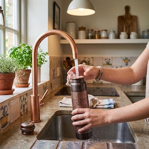 May include: A copper-colored kitchen faucet fills a dark brown, patterned water bottle with water. The bottle has an intricate design. The scene is set in a well-lit kitchen with plants and a sink.