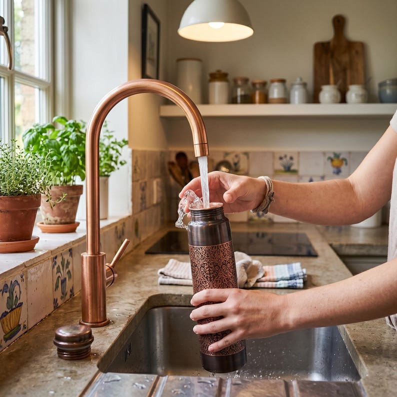 May include: A copper-colored kitchen faucet fills a dark brown, patterned water bottle with water. The bottle has an intricate design. The scene is set in a well-lit kitchen with plants and a sink.