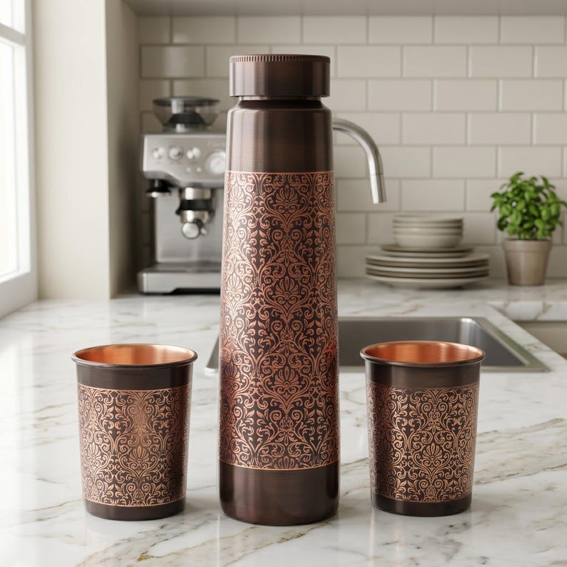 May include: A copper-colored water bottle and two matching tumblers. The bottle has a decorative floral pattern and a screw-on cap. The tumblers have the same pattern. The set is displayed on a marble countertop in a kitchen setting.