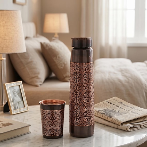 Ayurvedic 100% pure copper Water Bottle with Black Floral Design | Engraved Copper Bottle Set with Tumbler Handmade Wellness Drinkware Gift