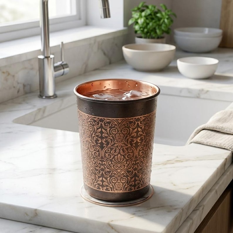 May include: A copper-colored tumbler with a dark brown band at the top and a decorative floral pattern. The tumbler is filled with ice and water. It sits on a clear coaster on a marble countertop.