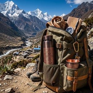 May include: A green hiking backpack with brown leather accents, filled with outdoor gear. Includes a copper-colored water bottle and cup with ornate designs, a compass, and a scarf. Hiking boots are visible, set against a mountain landscape.
