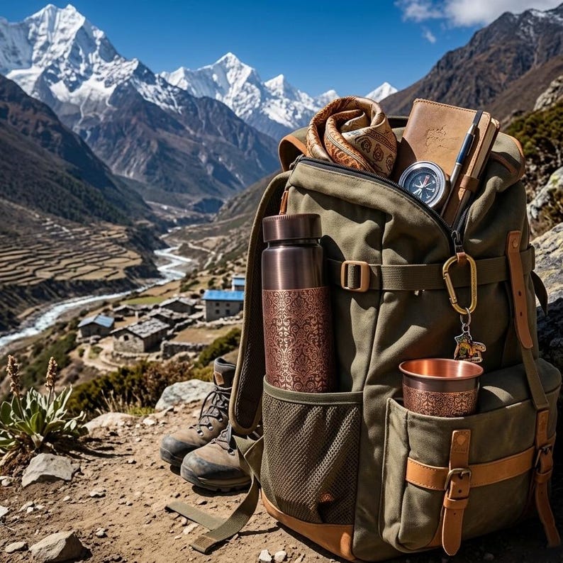 May include: A green hiking backpack with brown leather accents, filled with outdoor gear. Includes a copper-colored water bottle and cup with ornate designs, a compass, and a scarf. Hiking boots are visible, set against a mountain landscape.