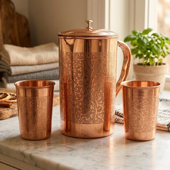 100% Pure Copper Water Jug Pitcher Ayurvedic Copper Carafe with Lid, Handmade Hammered Copper Jug, Health Benefits, Yoga & Home Decor