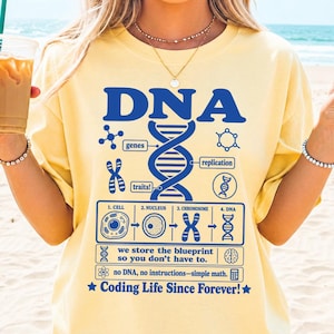 Può includere: T-shirt gialla con un design DNA blu. Il design include la parola "DNA", una doppia elica e diagrammi scientifici con i testi "geni", "replicazione" e "tratti!". La maglietta ha anche il testo "Coding Life Since Forever!"