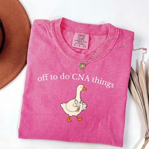 May include: A pink short-sleeved t-shirt with a crew neckline featuring the white text "off to do CNA things" above a graphic of a white goose wearing a stethoscope and holding a coffee cup and a clipboard. The shirt has a Comfort Colors label.