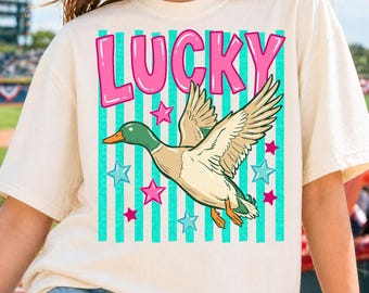 Lucky Duck Striped Png, Funny Animal Meme Design, Retro Summer Coastal Preppy Stripes, Lucky Shirt Design, Mallard Duck (Digital Download)