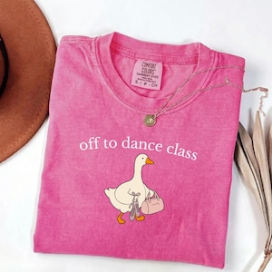 May include: A bright pink short-sleeved t-shirt featuring a graphic of a white goose carrying a small pink bag and ballet slippers. The text "off to dance class" is printed in white above the goose. The shirt has a crew neckline and a tag.