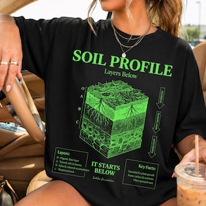 May include: Black t-shirt with a neon green soil profile graphic. The design includes a cross-section of soil layers, labeled with text such as "Soil Profile" and "It Starts Below". The shirt also features text about soil layers and key facts.