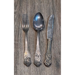 Vintage Berndorf Krupp Silver Plate Fairy Tale Childrens Cutlery 3pc Set Austria