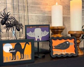 Spooky Season Cut Paper Animal Prints - Set of 3 - Bat, Black Cat & Raven (5 x 7)
