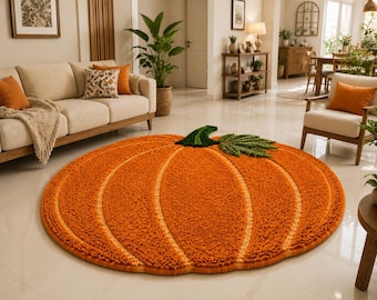 May include: A round, textured rug shaped like a pumpkin. The rug features a vibrant orange surface with lighter orange vertical segments, a dark green stem, and a textured green leaf accent on the top edge, creating a detailed vegetable design.