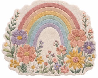 May include: A tufted rug with a scalloped edge featuring a pastel rainbow arch centered above a field of various flowers including purple, pink, yellow, and white blossoms with green stems and leaves on an off-white background.