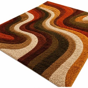 Tapis rétro abstrait en laine, tapis ondulé moderne du milieu du siècle, décoration de salon faite à la main