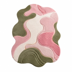 Tapis abstrait en laine fait main, motif organique rose et vert, tapis moderne pour salon