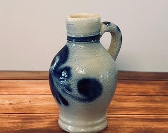 Vintage Unmarked Salt Glazed Stoneware Pitcher Jug Cobalt Blue Scroll Motif