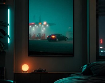Cinematic Night Photography Print - Moody Fog Gas Station Wall Art - Dark Urban Scandinavian Decor