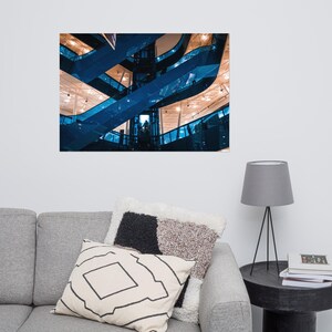 Modern Architecture Photography Print, Blue Escalator Wall Art, Geometric Interior Poster, Contemporary Urban Design, Minimalist Home Decor