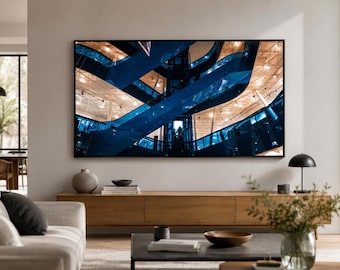 Blue Escalator Modern Architecture Print, Geometric Interior Wall Art Poster