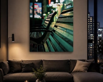 Moody City Night Photography Print, Cinematic Urban Bench Poster, Dark Street Decor