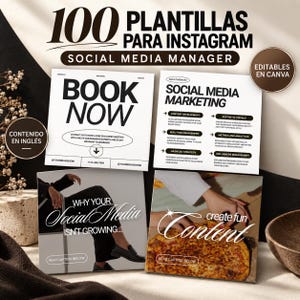 Puede incluir: Una colección digital de 100 plantillas de Instagram para gestores de redes sociales, con diseños editables en Canva. El conjunto incluye diseños con texto como BOOK NOW, SOCIAL MEDIA MARKETING, WHY YOUR Social Media ISN'T GROWING y create fun Content.